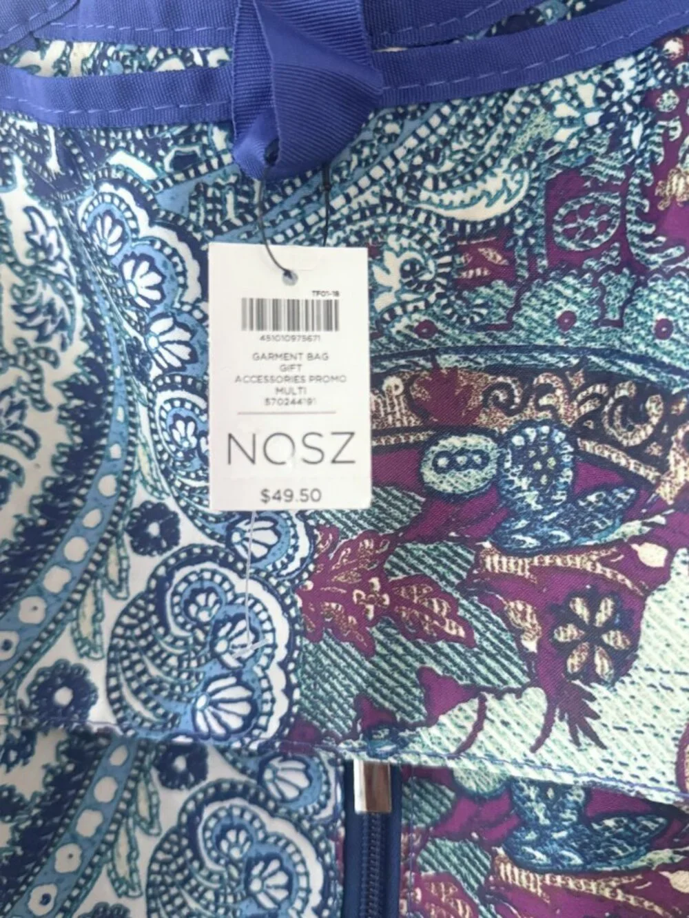 Chico's NWT Paisley Travel Garment Bag Hanging Zip Blue Multi